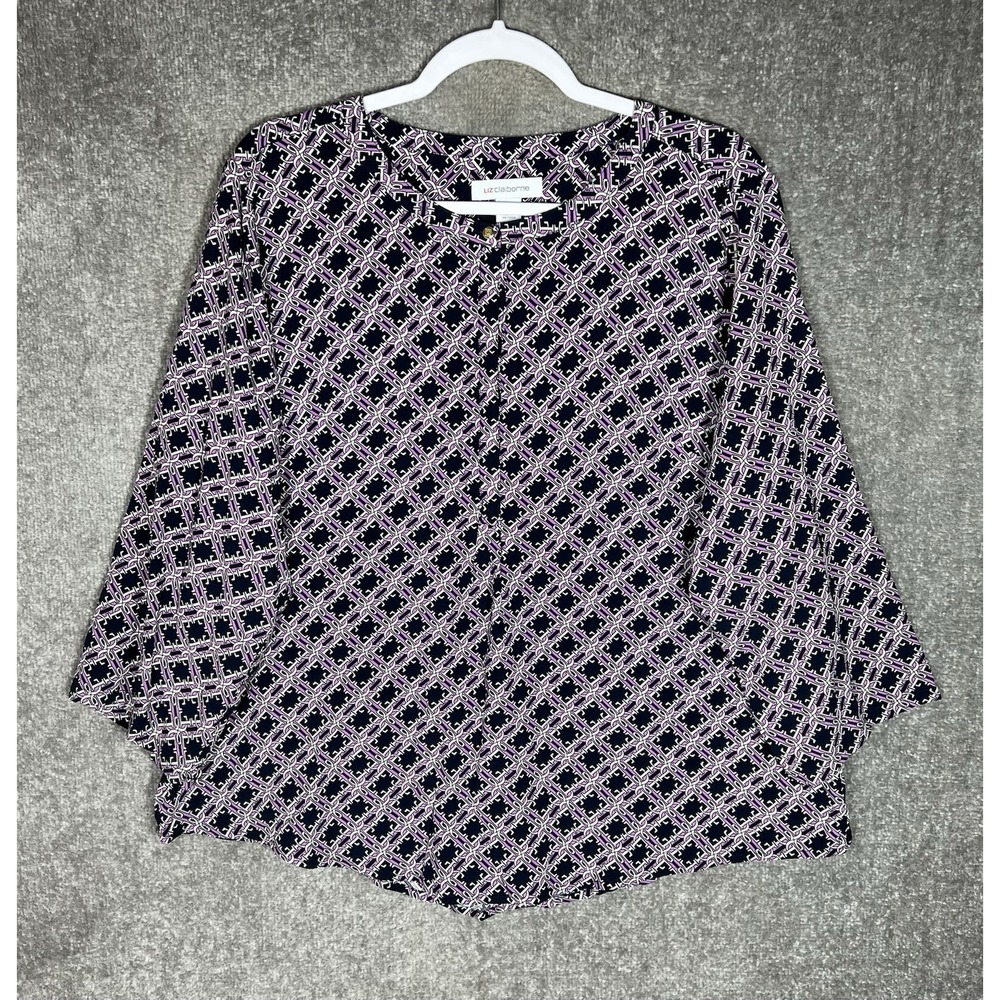 Liz Claiborne Popover Top Womens Sz XXL Blue‎ Purple White LC Monogram Geometric